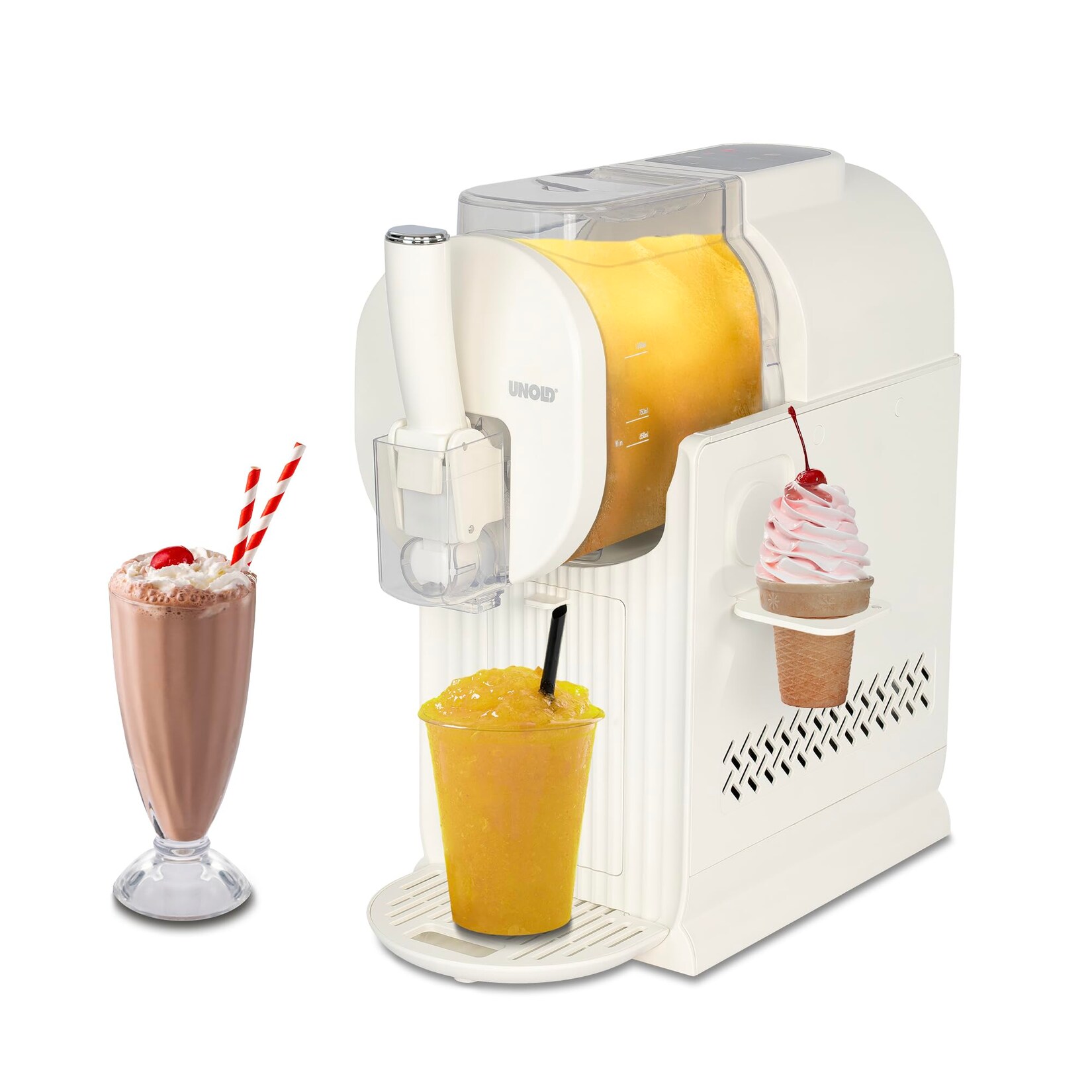 UNOLD Sofia 48960 2in1 Cremefarben Slush - und Softeismaschine (Leise Kompressor-Kühlung, maximale Füllmenge 1,5 Liter, 5 Programme: SOFTEIS, MILKSHAKE, COLD DRINK, SLUSHIE, COCKTAIL, Behälter und Abtropfschale abnehmbar und spülmaschinengeeignet, 150 W)