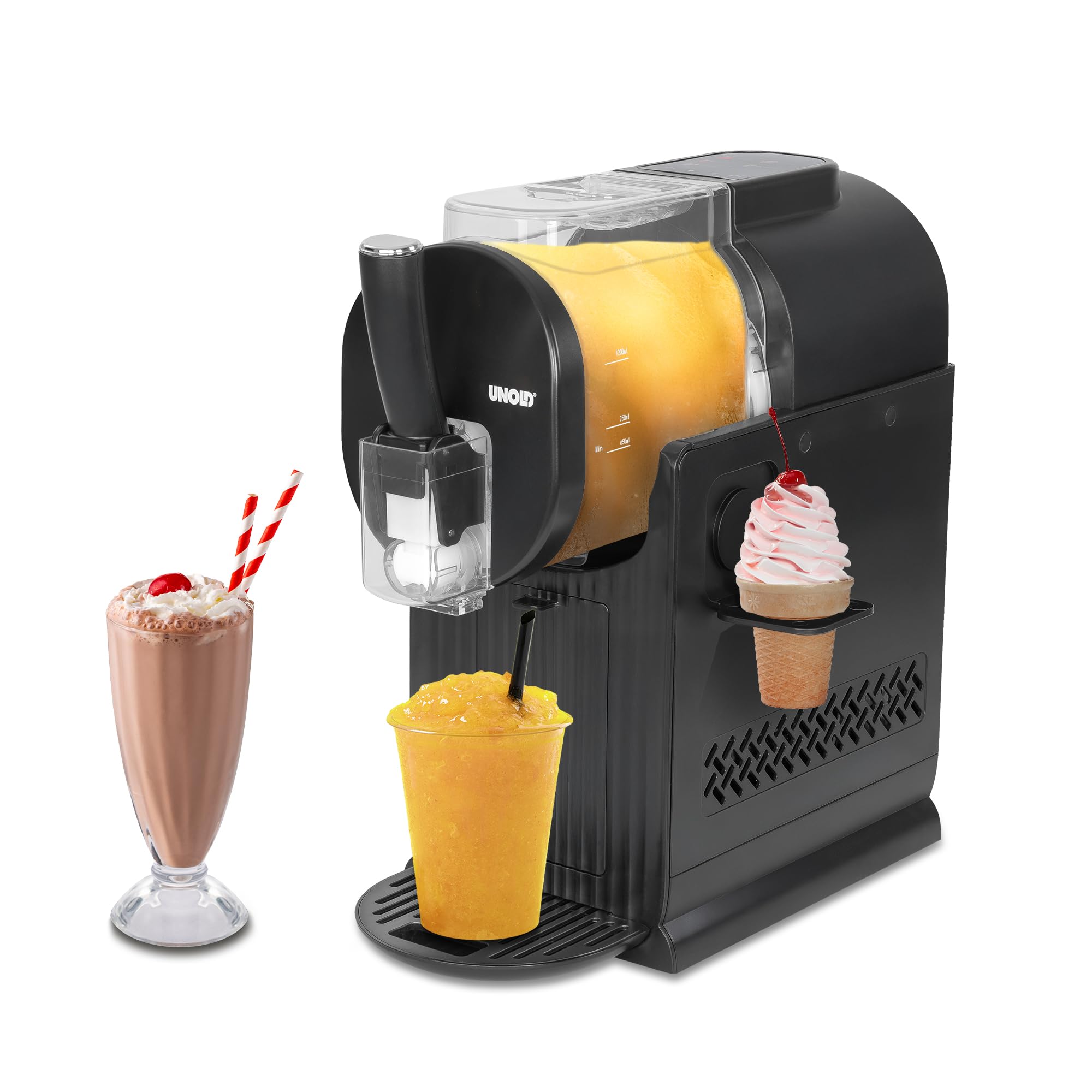 UNOLD Sofia 48965 2in1 Schwarz Slush - und Softeismaschine (f&uuml;r ca. 1,5 l, leise Kompressor-K&uuml;hlung, 5 Programme: SOFTEIS, MILKSHAKE, COLD DRINK, SLUSHIE, COCKTAIL, einfache Handhabung, Beh&auml;lter und Abtropfschale abnehmbar und sp&uuml;lmaschinengeeignet, Rezept - Bild 1