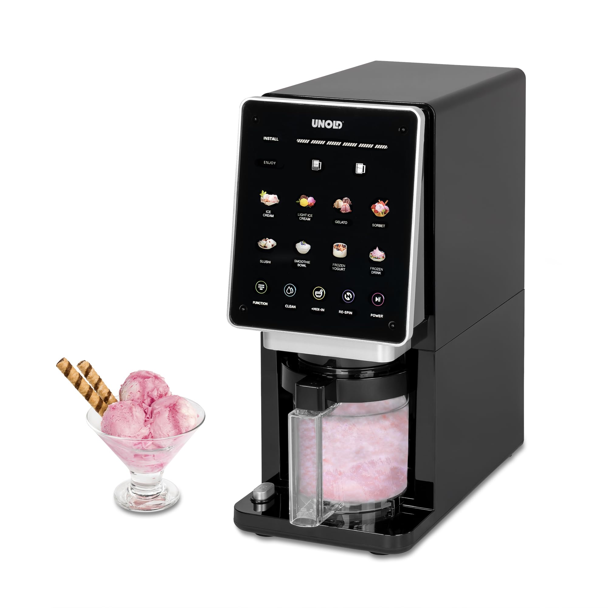 UNOLD CreamDream 48805 Eismaschine (8 Programme f&uuml;r Eiscreme, Gelato, Sorbets, Slushes, Frozen Drinks &; Smoothie Bowls, RE-SPIN &amp; MIX-IN, intuitiver Touchscreen, sp&uuml;lmaschinenfeste Teile: 3 Beh&auml;lter &agrave; 500 ml, Deckel und Messer, inklusive Rezeptheft, 8 - Bild 1