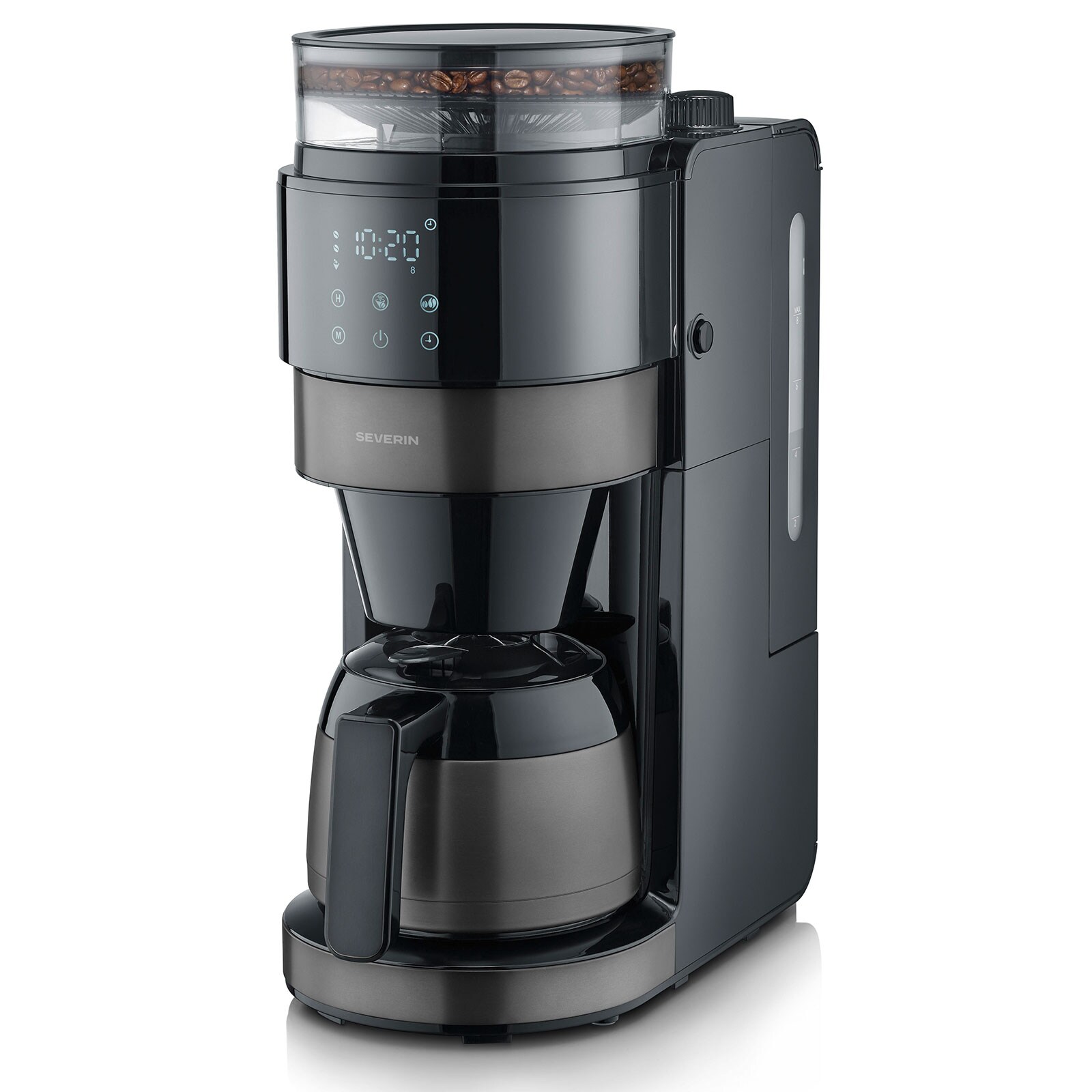 SEVERIN KA 4831 Filterkaffeemaschine mit Mahlwerk (8 Tassen,  Wassertank, Thermokanne, Mahlwerk, Schwenkfilter, Timer)