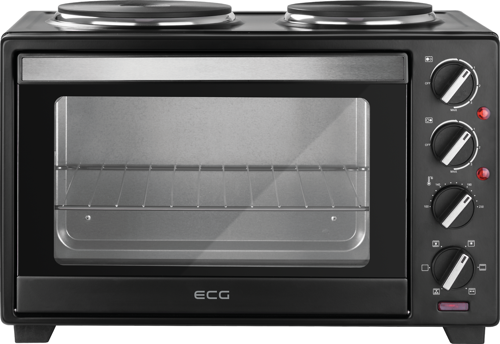 ETH 3001B Minibackofen mit Kochplatte ( Garraumvolumen, Ober- und Unterhitze, 1600 W, 2 integrierte Kochplatten, inkl. Drehspieß)