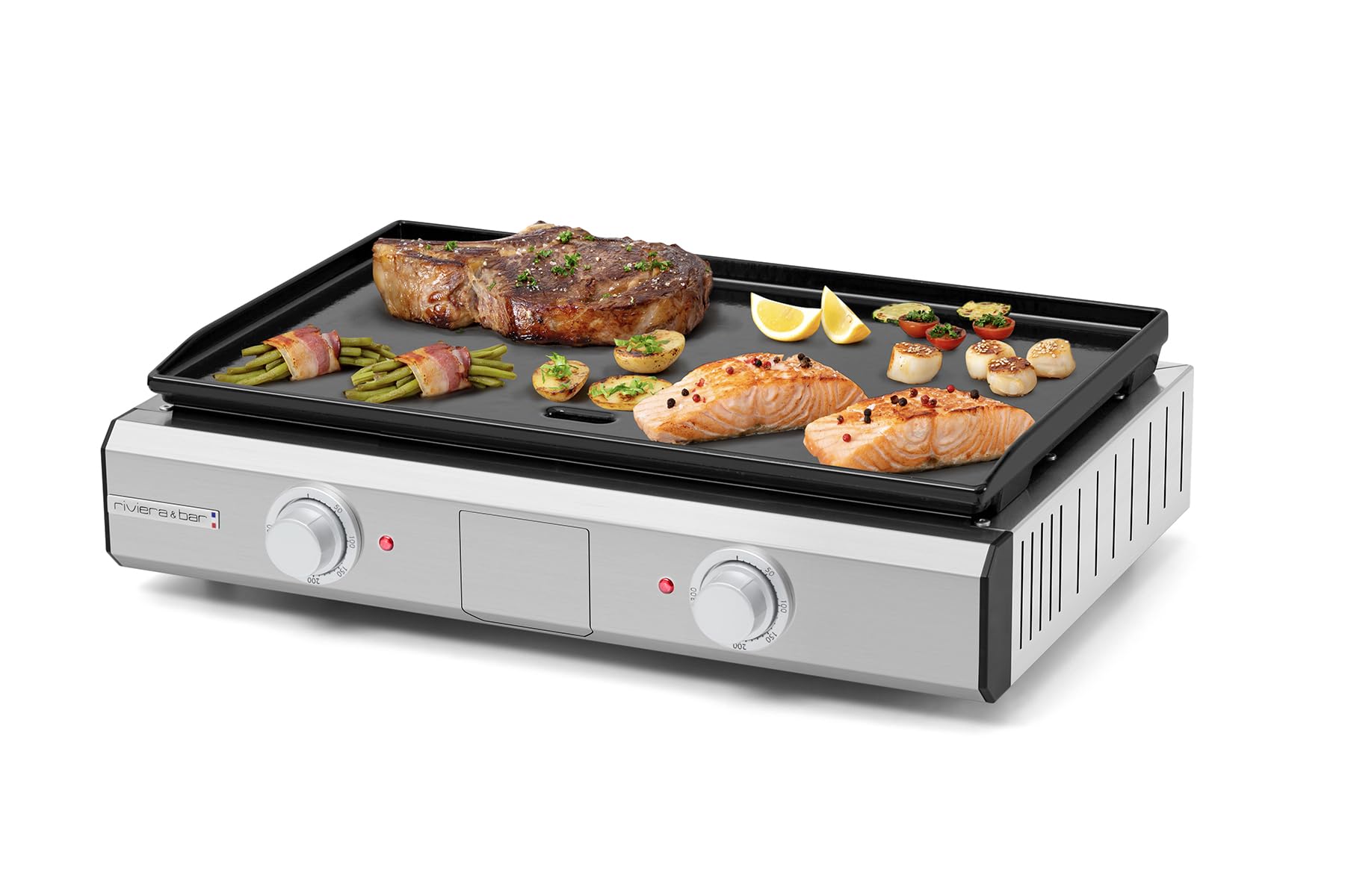 riviera&;bar Plancha Grill Pro Enamelle Tischgrill (Plancha-Grillplatte, emailliertes Gusseisen, 2 getrennte Heizzonen, Grillfl&auml;che 57 x 35 cm, Edelstahl-Geh&auml;use geb&uuml;rstet, abnehmbare Auffangschale, hohe R&auml;nder) - Bild 1