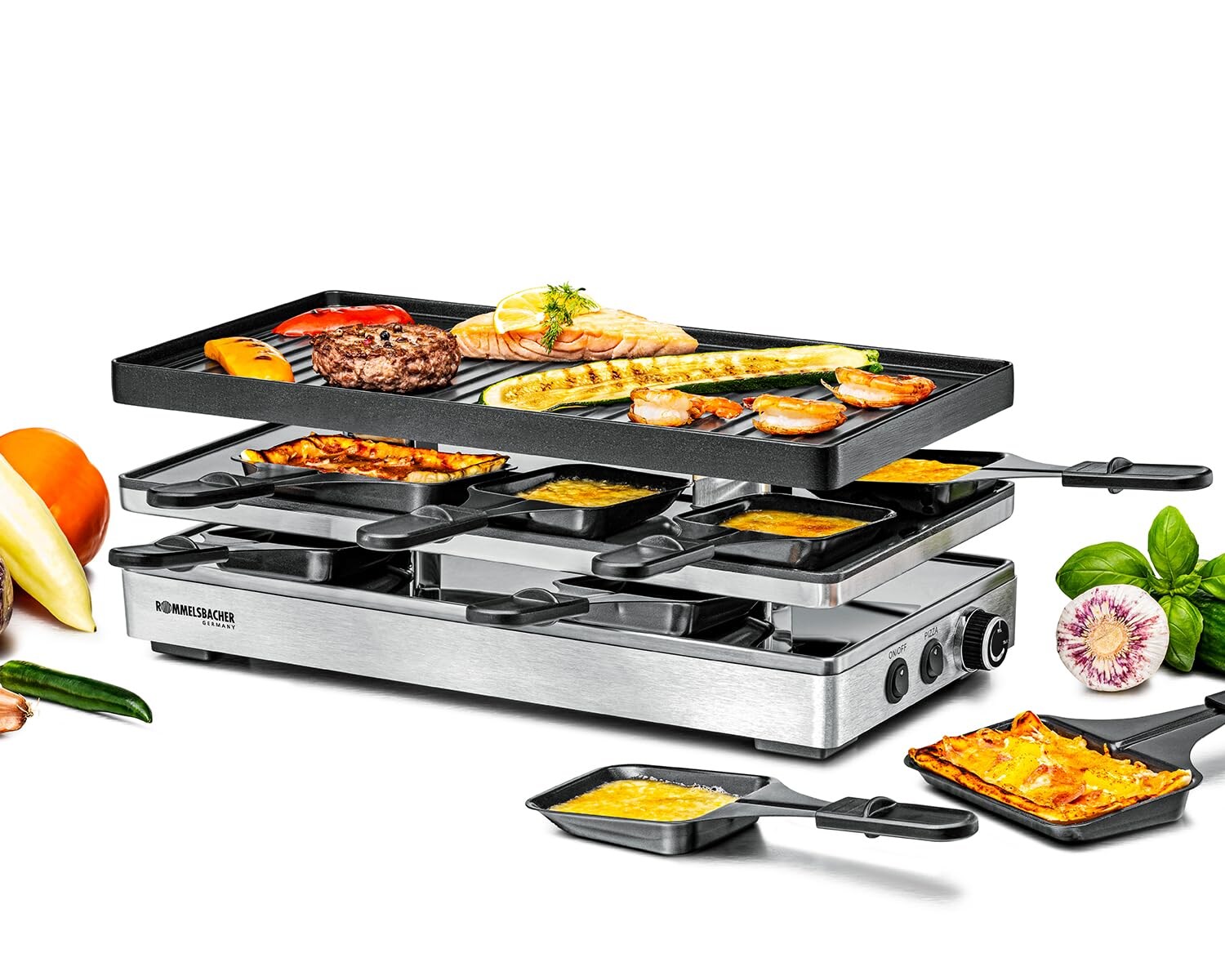 ROMMELSBACHER RCP 1800 Pizza Raclettegrill (1800 Watt, 8 Pfännchen, Wendeplatte, PFAS-frei, Alu-Druckguss, Antihaft, Parkdeck, 2 m Kabel)