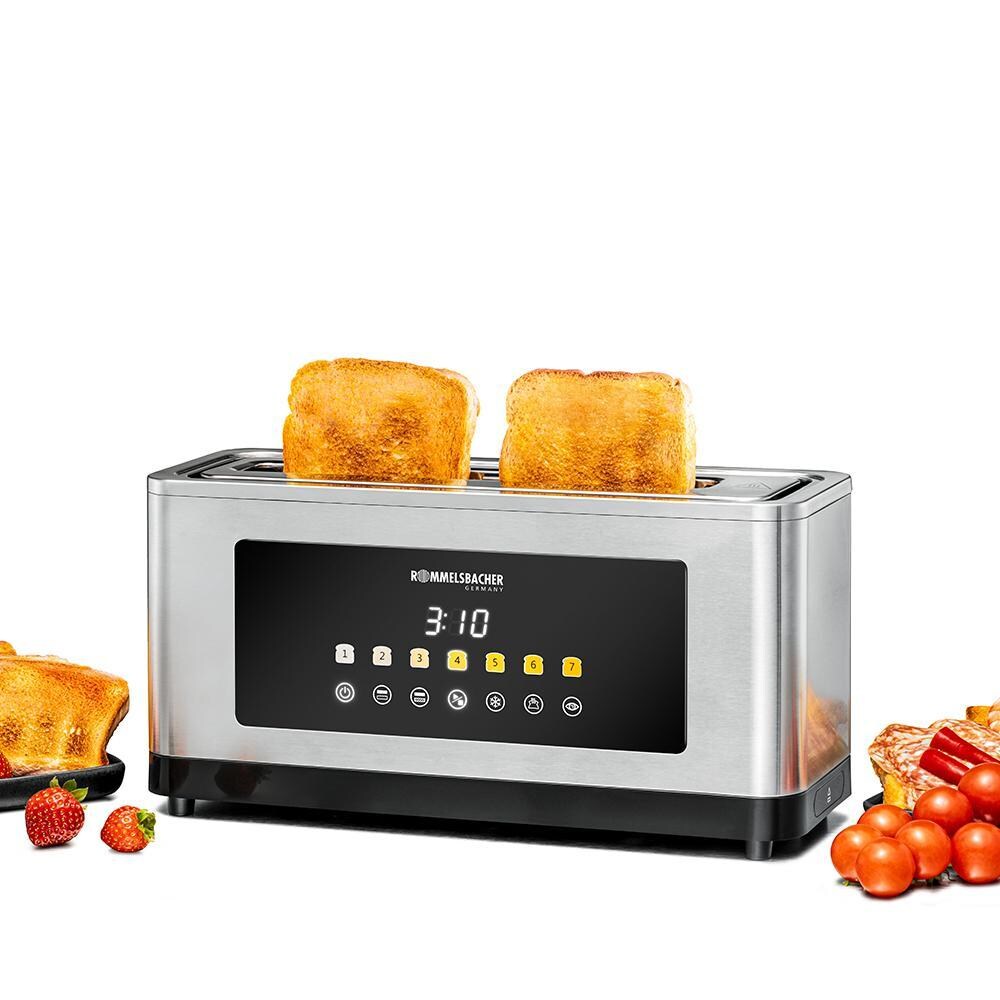 ROMMELSBACHER TOL 1000 automatik Langschlitz-Toaster (Langschlitztoaster, 4 Scheiben, Edelstahl/Kunststoff, schwarz/silber, Brötchenaufsatz, Auftaufunktion, Aufwärmfunktion)