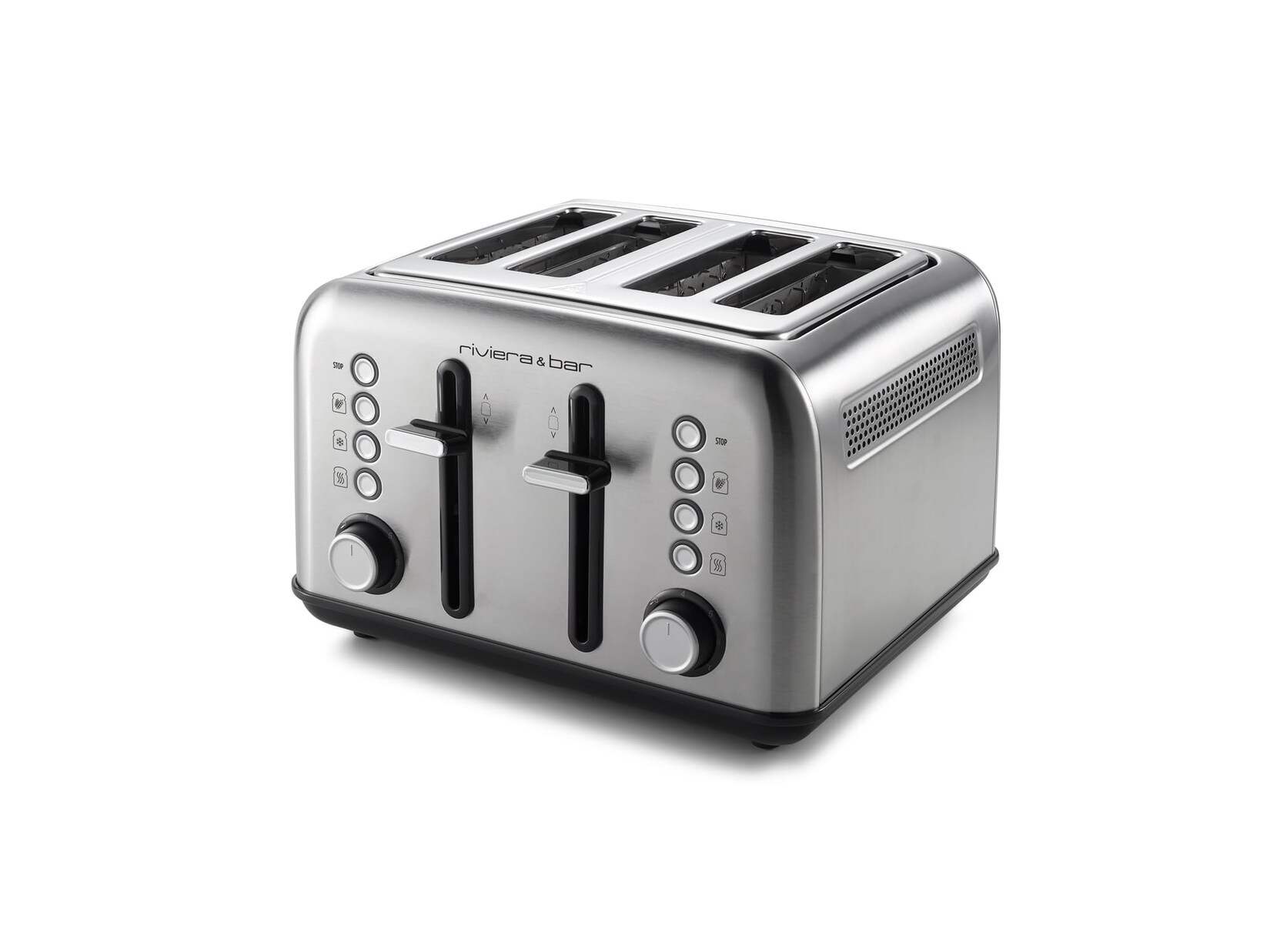 riviera&;bar Stainless Steel 4 short slots Toaster (4-Scheiben, Parallelschlitz, Edelstahl gebürstet, 1.800 W, 7 Bräunungsstufen, 2 unabhängige Bedienfelder, Auftaufunktion, Aufwärmfunktion, Vollkornfunktion)
