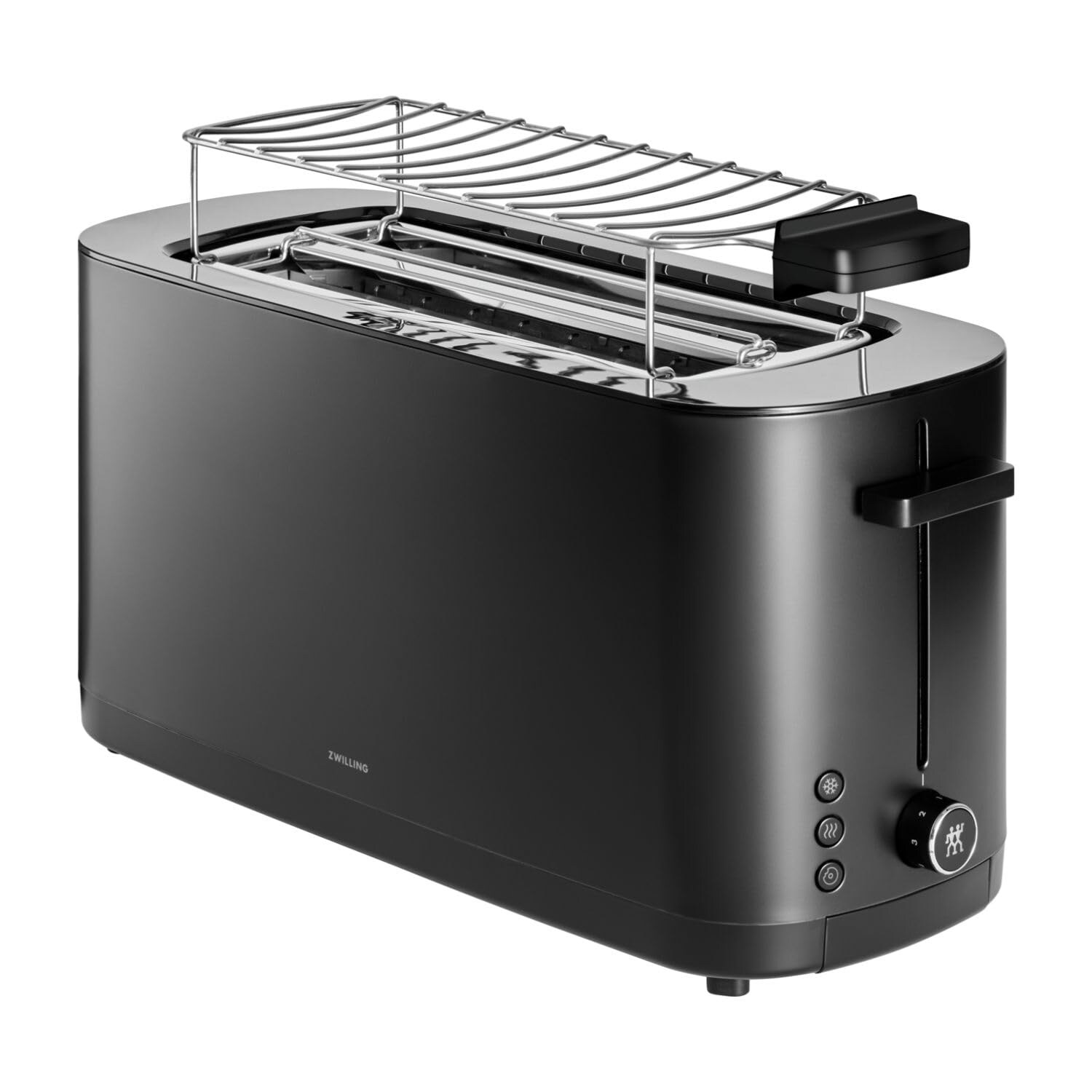 ZWILLING 1026860 Enfinigy Langschlitz-Toaster (Langschlitztoaster, 4 Scheiben, 1800 W, Edelstahl, Schwarz, Brötchenaufsatz, Auftaufunktion, Aufwärmfunktion)