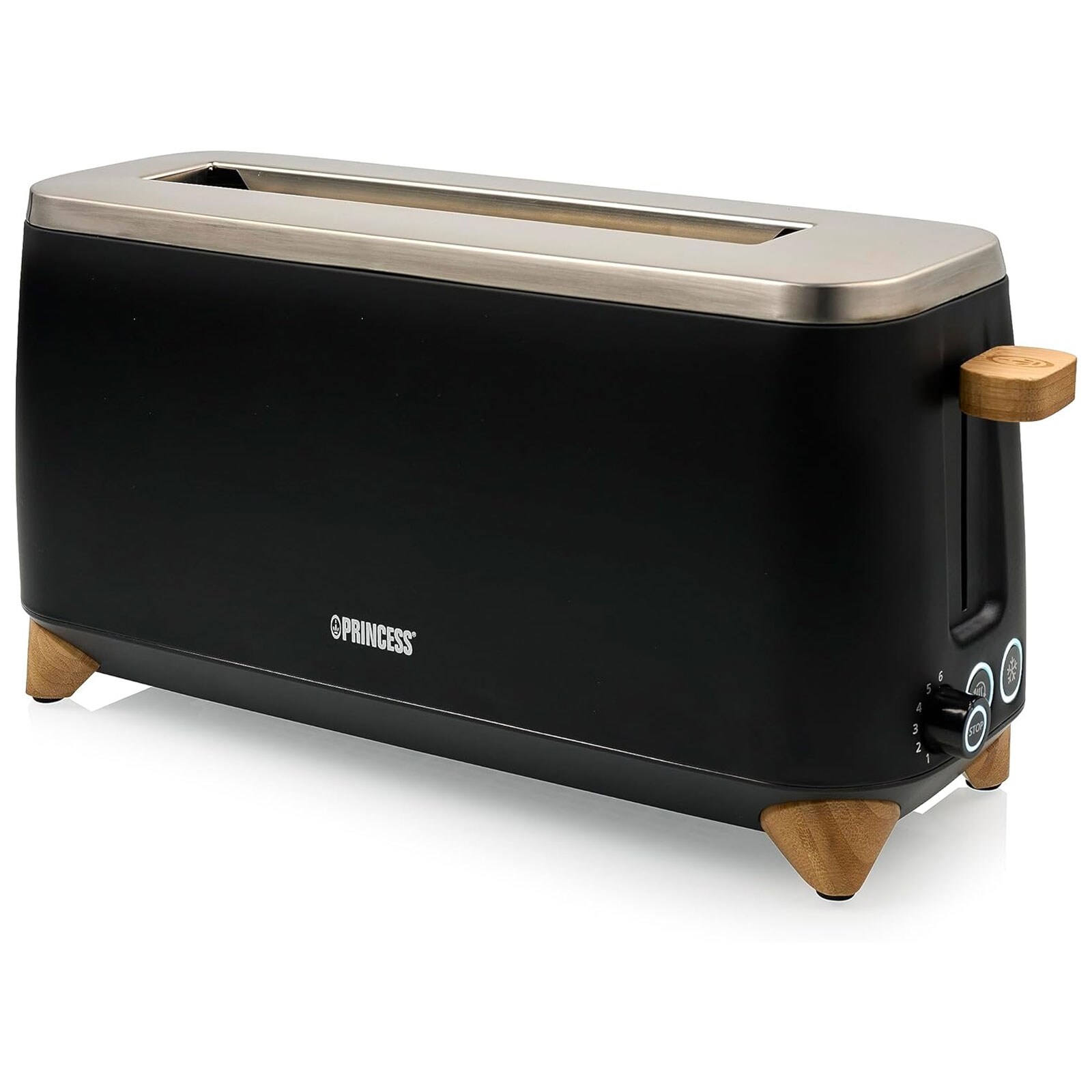 PRINCESS 142361 Pure Toaster (Langschlitztoaster, 1 Scheibe, 1000 W, Metall, schwarz, Bambus, Auftaufunktion)