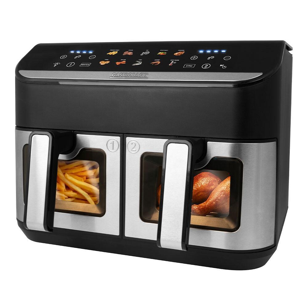 GASTROBACK 42586 Duo Family Doppel-Heißluftfritteuse (9 l Fassungsvermögen, 2.900 Watt, Timer, Automatikprogramme, Farb-Touch-Display)