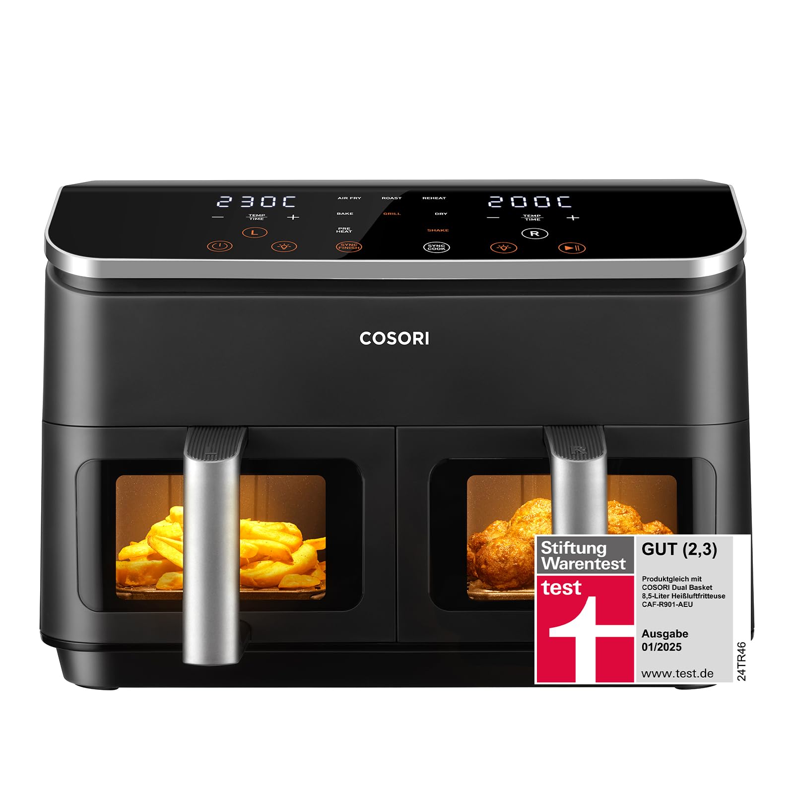 Cosori CAF-R901-AEU Doppel-Hei&szlig;luftfritteuse (8,5 l Fassungsverm&ouml;gen, 1.750 W, Timer, 10 Funktionen, 2 Displays, 2 Zubereitungsk&ouml;rbe, einstellbare Temperatur) - Bild 1