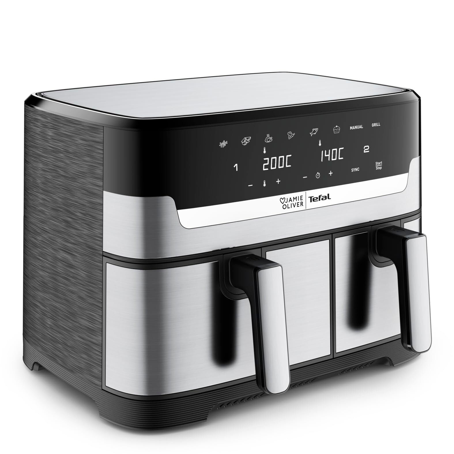 TEFAL EY90JD Jamie Oliver Doppel-Heißluftfritteuse ( Füllmenge, 2 Garkörbe, SYNC-Funktion, 8 Programme, Grillfunktion, LCD-Display)