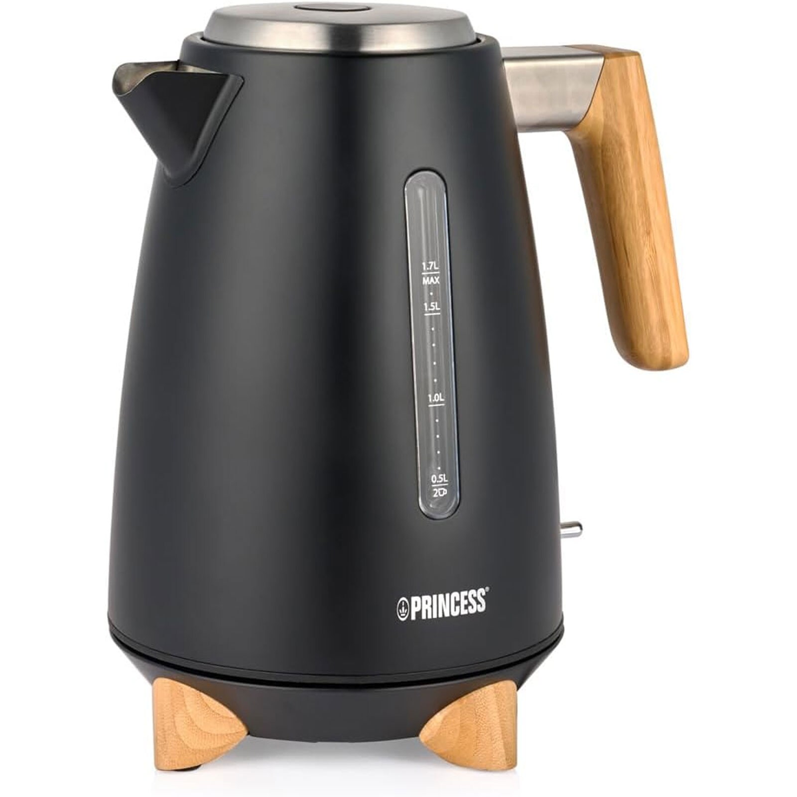 PRINCESS 236061 Pure Wasserkocher (1,7 Liter, 3000 W, Edelstahl, schwarz, kabellos, Überhitzungsschutz, Trockengehschutz)