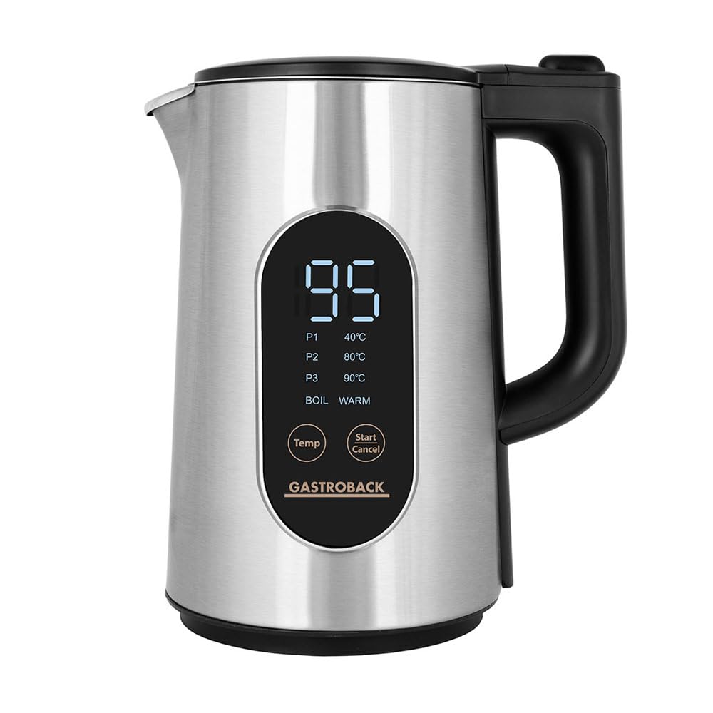 GASTROBACK Cool Touch Express Wasserkocher (3.000 Watt, 1,5 Liter, Temperatureinstellung, Warmhaltefunktion, intelligentes Display, Echtzeit
