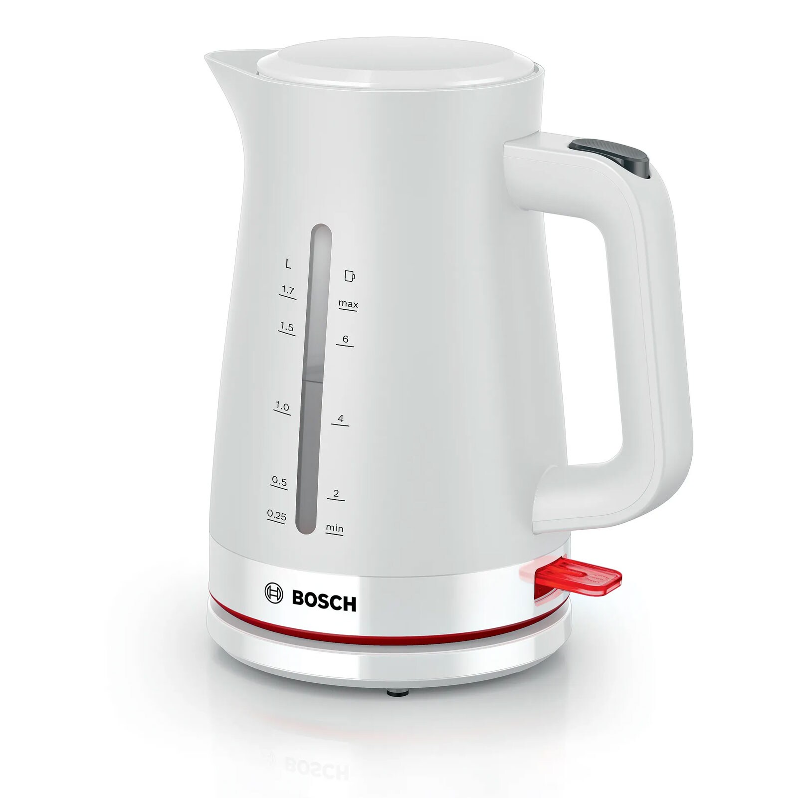 BOSCH TWK3M121 Wasserkocher (1,7 Liter, 2400 W, Kunststoff, Weiß, kabellos, beidseitige Wasserstandsanzeige)