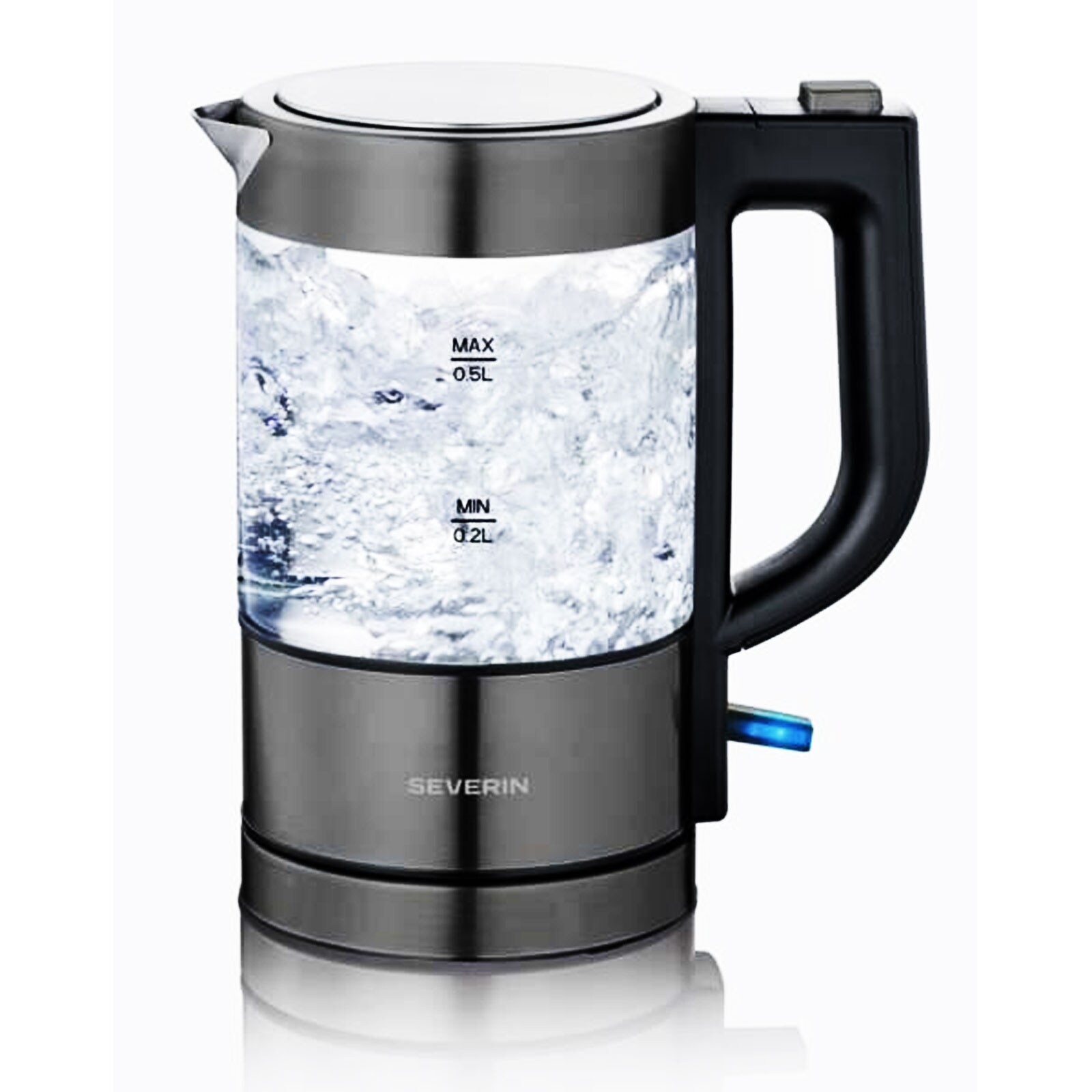 SEVERIN WK 9387 Glas Wasserkocher (0,5 Liter, 1000 W, Glas, transparent/schwarz, keine Temperatureinstellung)