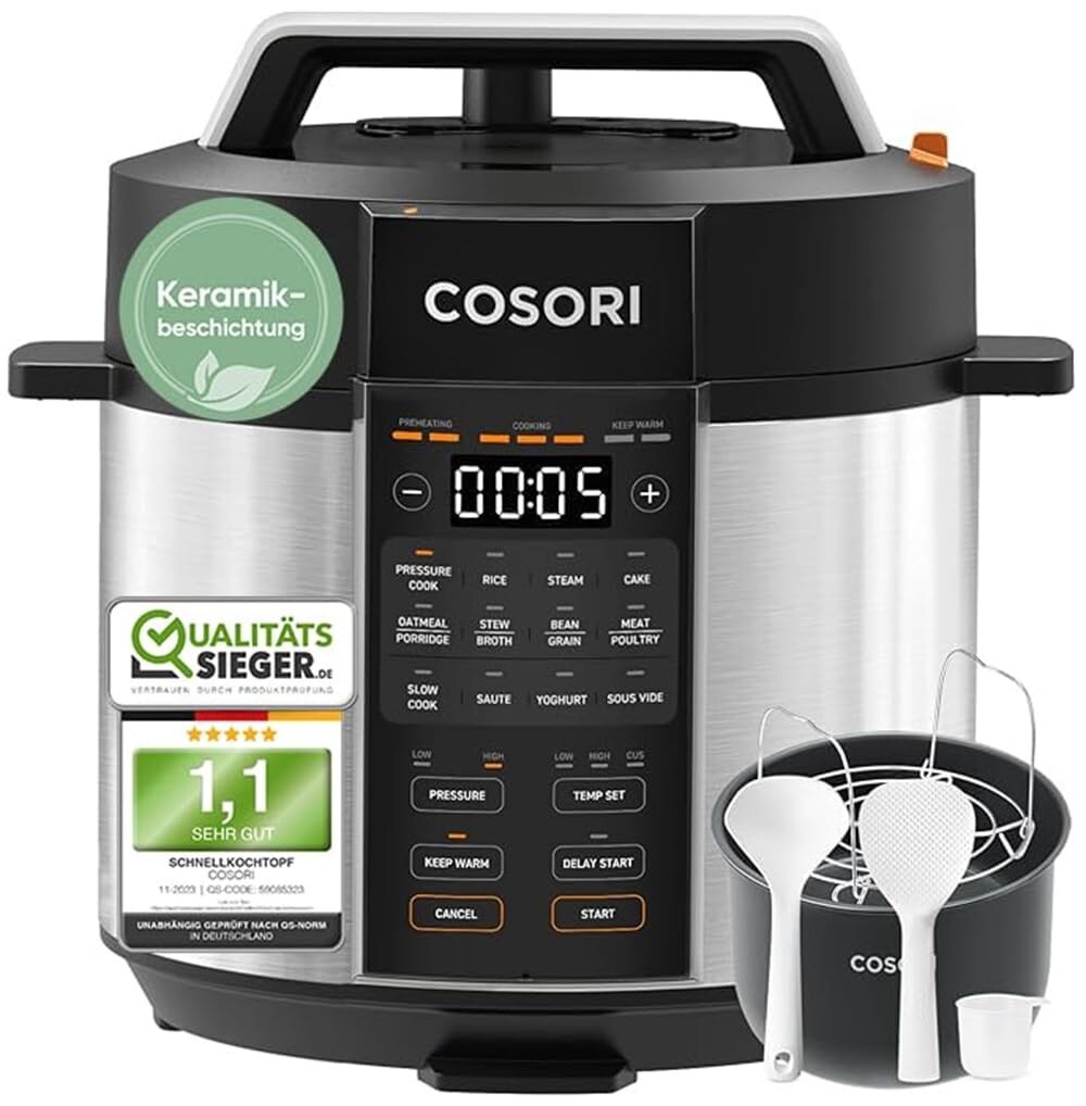 CMC-CO601-SEU Schnellkochtopf (5,7 Liter Fassungsvermögen, Keramik-Antihaftbeschichtung, 13 Garfunktionen, Temperaturbereich 25-180 ºC, Timer)