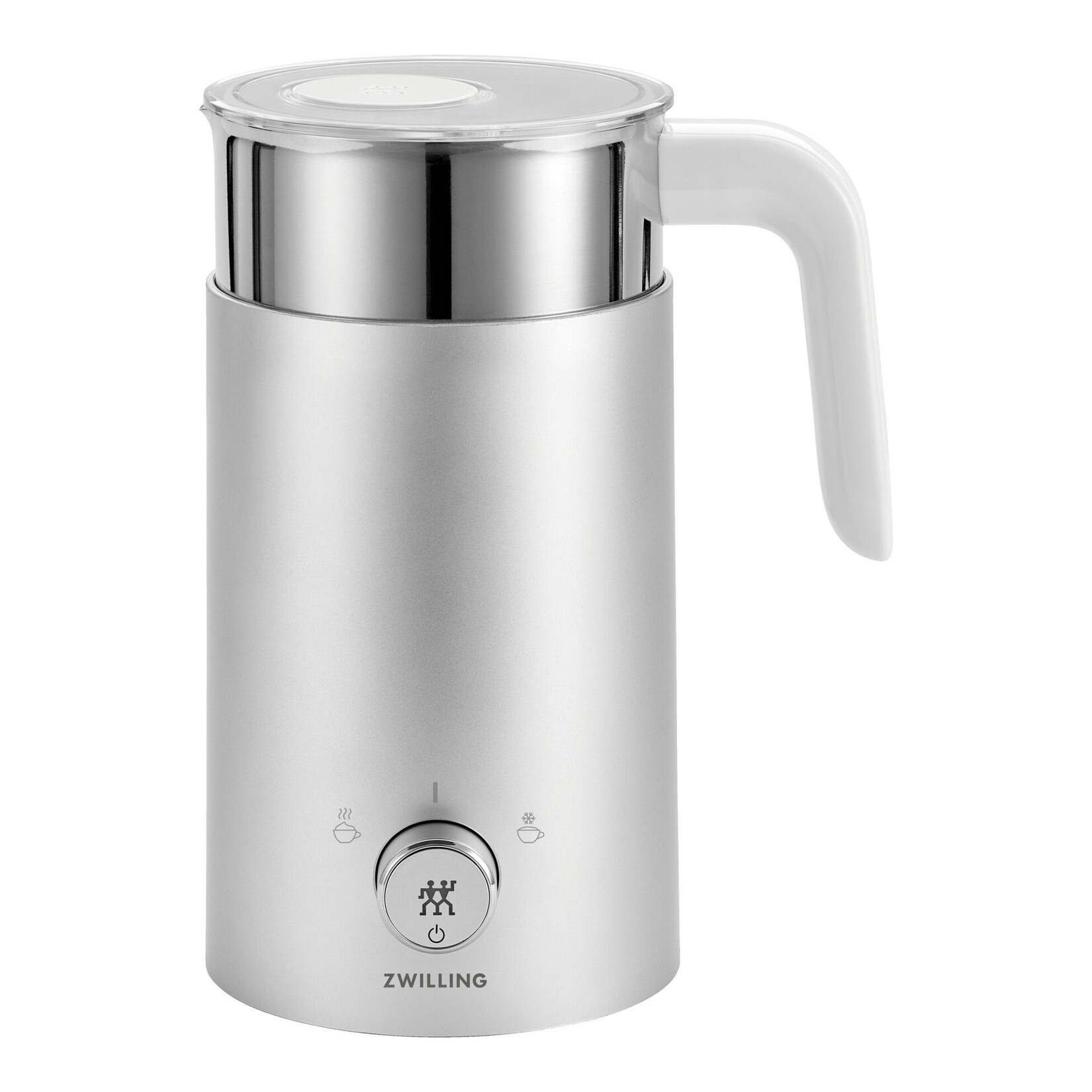 ZWILLING 1010449 Enfinigy Milchaufschäumer (0,4 Liter, 600 Watt, Kunststoff/Edelstahl, Silber, geeignet für pflanzliche Milch-Alternativen, 2 Aufsätze, heiße und kalte Getränke)