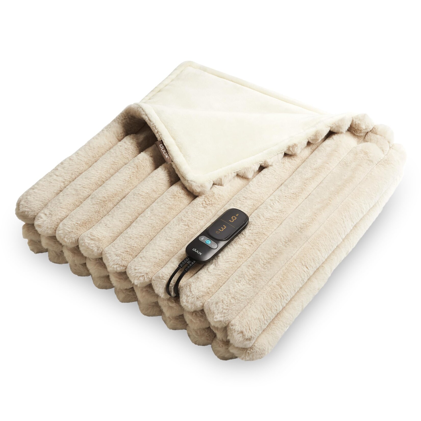 Yentl Striped Beige Heizdecke (9 Heizstufen, 160 Watt, 1-9 Stunden Timer, Maschinenwäsche bei 30 °C, Überhitzungsschutz, Kunstfelloberfläche, 200 x 200 cm)