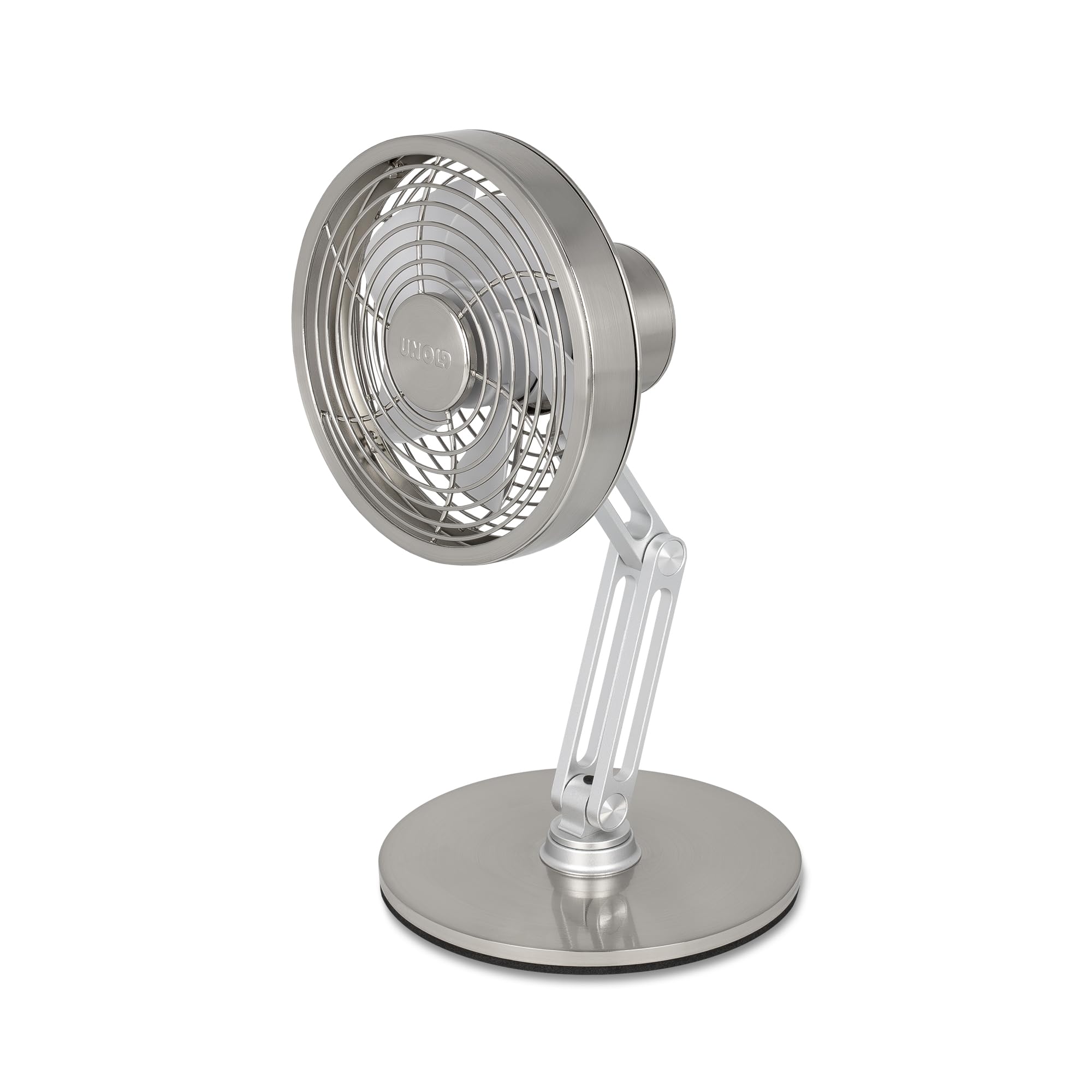 UNOLD Steel Flex 86705 Akku Tischventilator (Akkubetriebener Edelstahl-Ventilator, verstellbarer Gelenkfu&szlig;/Neigungswinkel, 360&deg; mechanisch drehbarer Aluminium-Fu&szlig;, Durchmesser ca. 14 cm, 3 Geschwindigkeitsstufen, H&ouml;he ca. 29,8 cm, inkl. 1 USB-C-Kabel, ohne - Bild 1