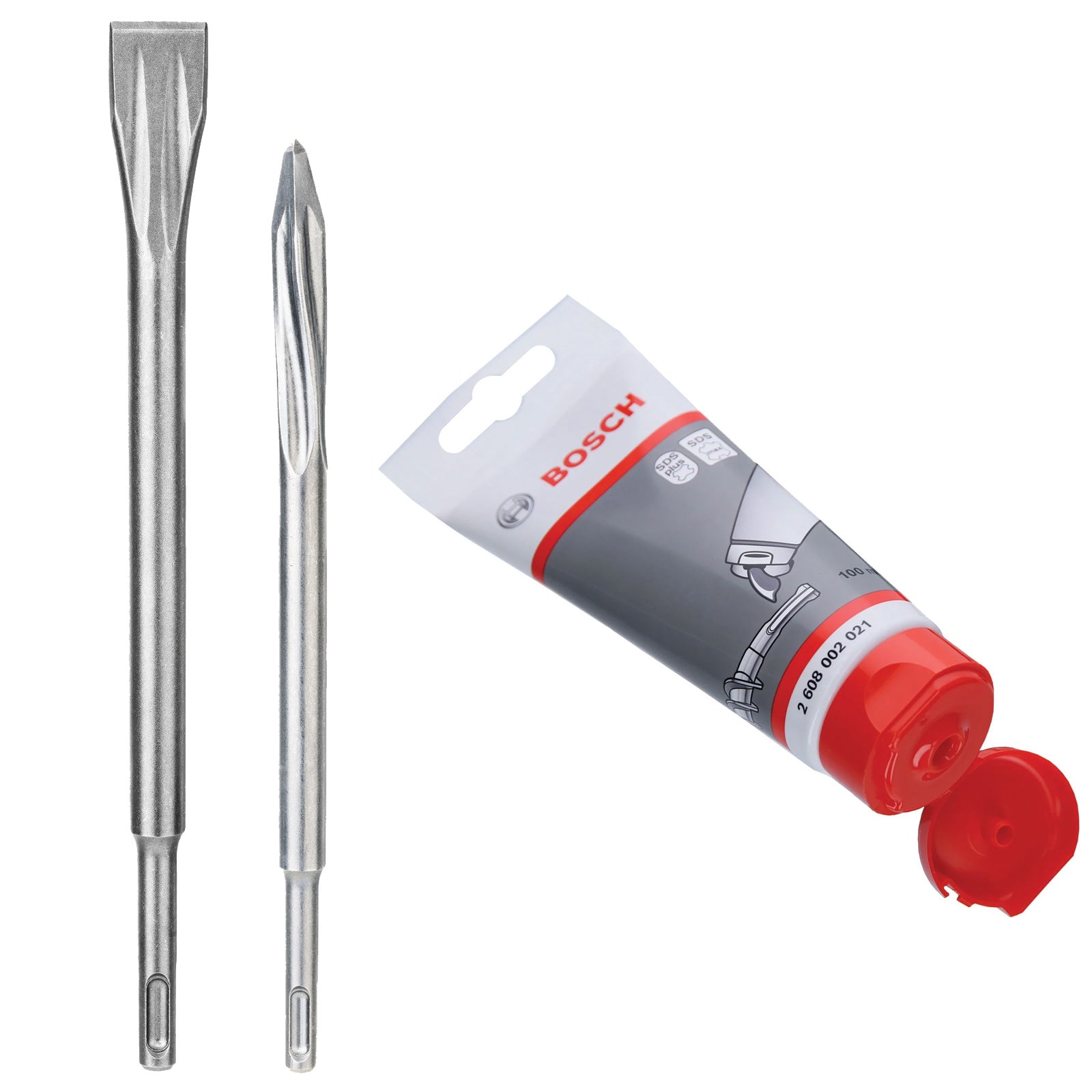 Bosch SDS-plus Mei&szlig;el-Satz Flachmeissel Spitzmeissel + gratis Schmierfett - Bild 1