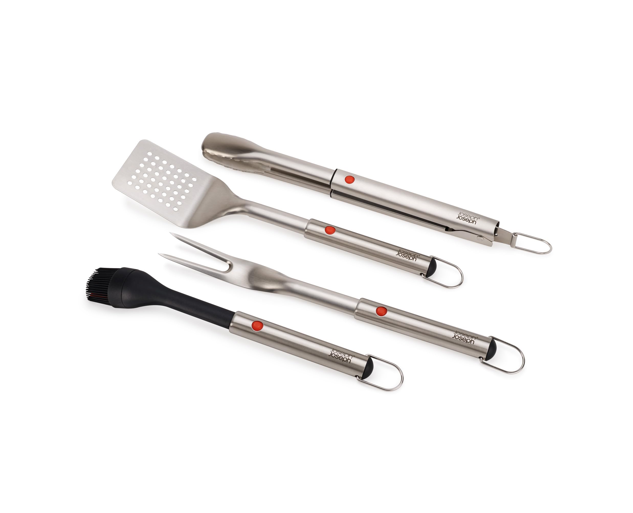 Joseph Joseph GrillOut 4-teiliges Edelstahl BBQ-Utensilien-Set mit Aufbewahrungsetui, B&uuml;rste, Zange, Wender & Gabel, Teleskopgriff, Aufh&auml;ngeschlaufen - Bild 1