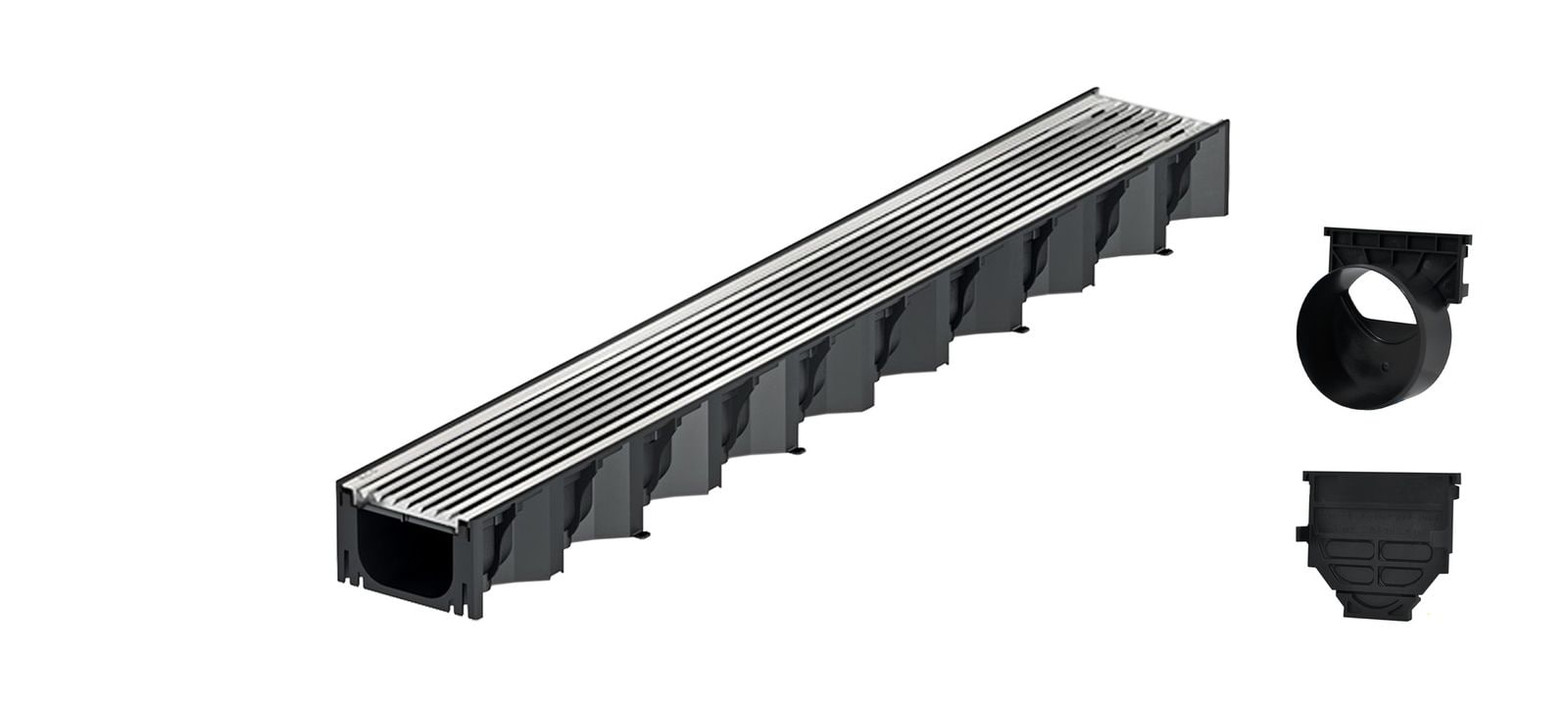 1m ACO Self&reg; Hexaline 2.0 Entw&auml;sserungsrinne mit Edelstahl L&auml;ngsstab Stegrost+ Ablauf Horizontal - Bild 1