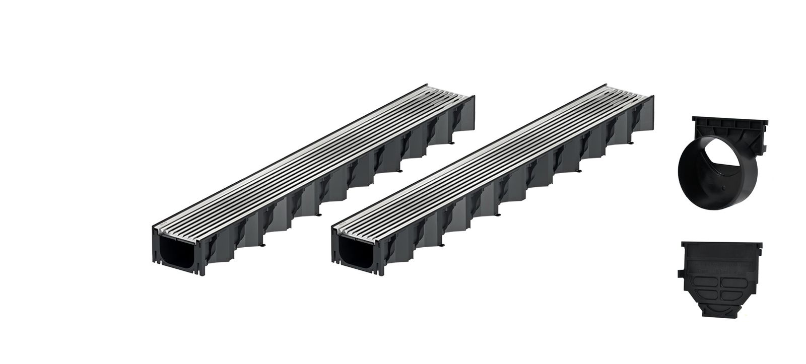 2x1m ACO Self&reg; Hexaline 2.0 Entw&auml;sserungsrinne mit Edelstahl L&auml;ngsstab Stegrost+ Ablauf Horizontal - Bild 1