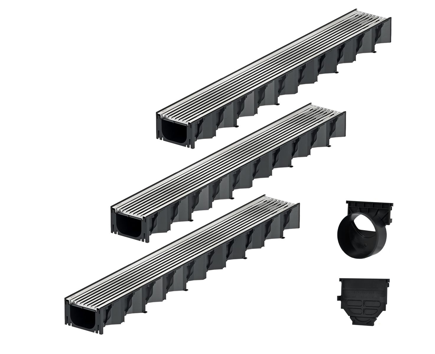 3x1m ACO Self&reg; Hexaline 2.0 Entw&auml;sserungsrinne mit Edelstahl L&auml;ngsstab Stegrost+ Ablauf Horizontal - Bild 1