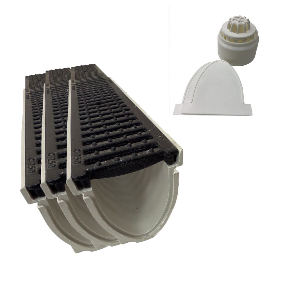 3x Xanie Entw&auml;sserungsrinne V mit Gu&szlig;rost Klasse C 100cm + Ablaufanschluss-Set vertikal - Bild 1