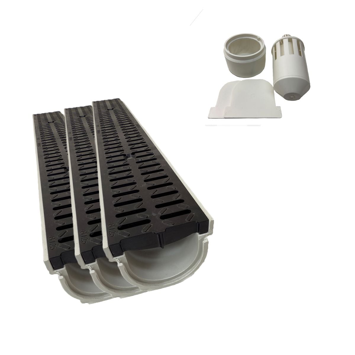 3x Xanie Entw&auml;sserungsrinne mit Kunststoffrost Klasse B 100cm + Ablaufanschluss-Set vertikal - Bild 1