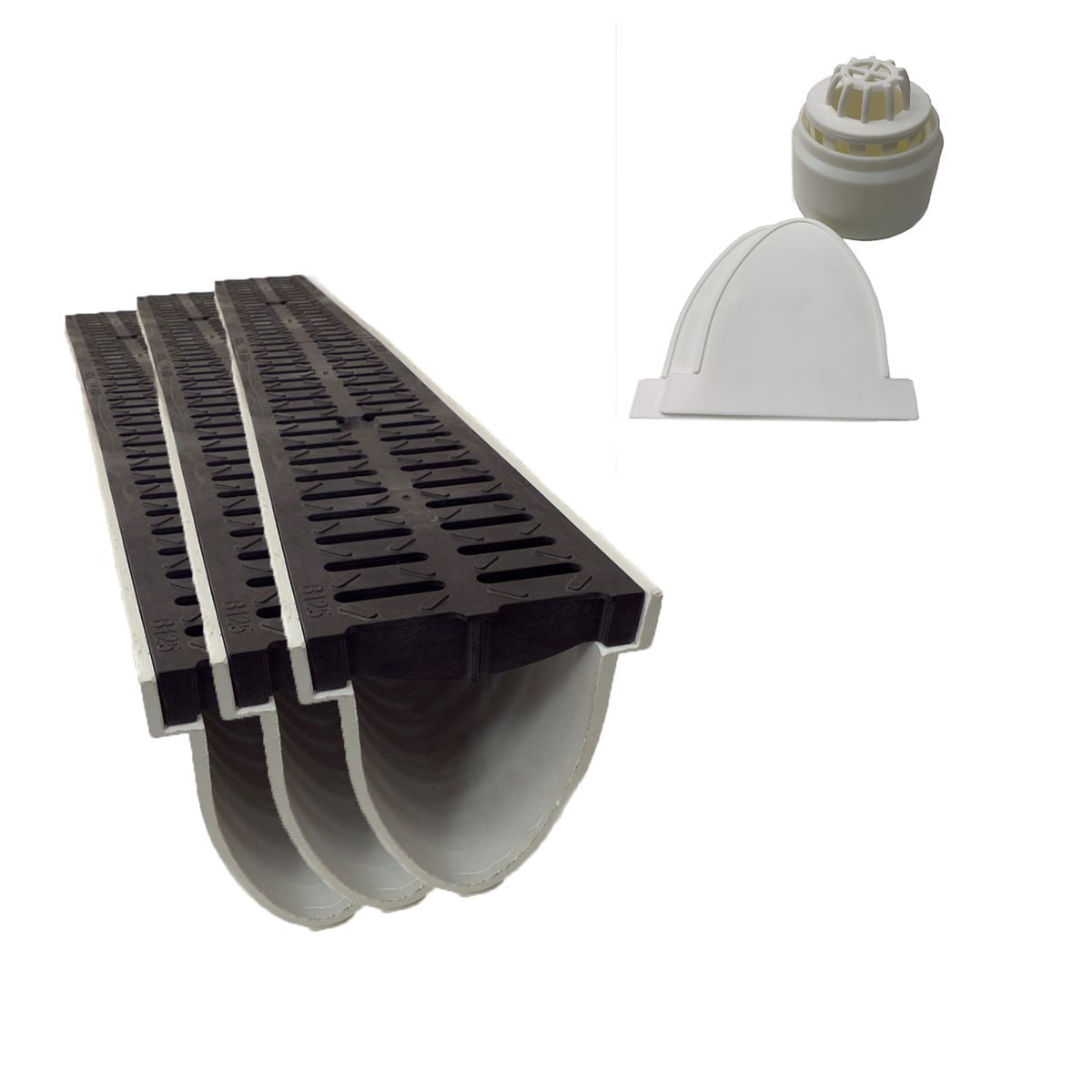 3x Xanie Entw&auml;sserungsrinne V Kunststoffrost Klasse B 100cm + Ablaufanschluss-Set vertikal - Bild 1