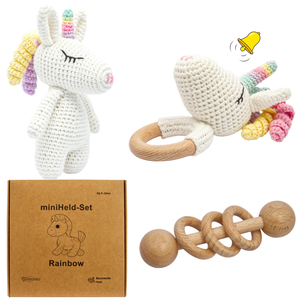 miniHeld Handgestricktes Einhorn Rainbow Set Babyrassel Holz Baumwolle 16 cm - Bild 1