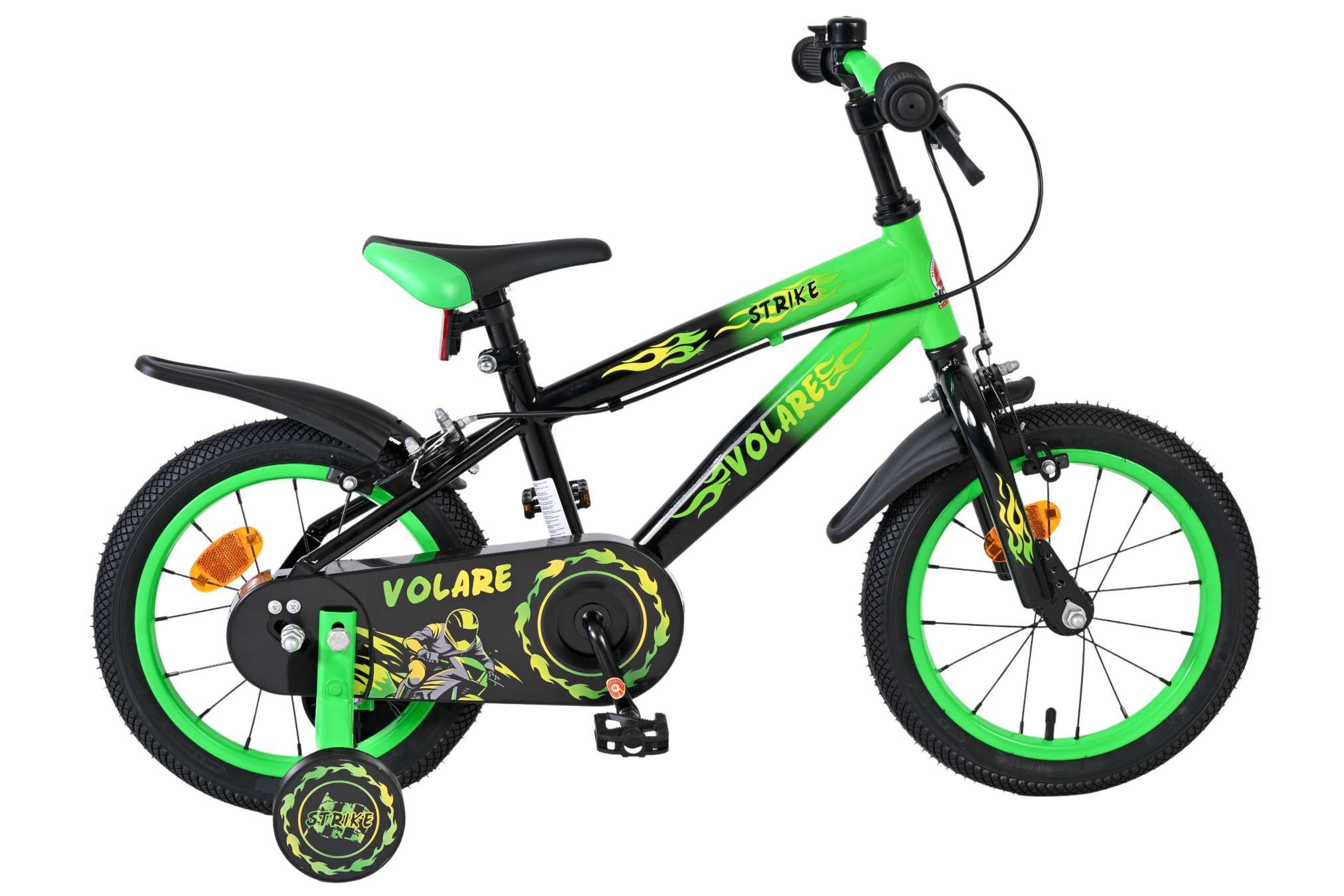 Volare Kinderfahrrad Strike f&uuml;r Jungen 14 Zoll Kinderrad in Schwarz/Gr&uuml;n, Zwei Handbremsen - Bild 1