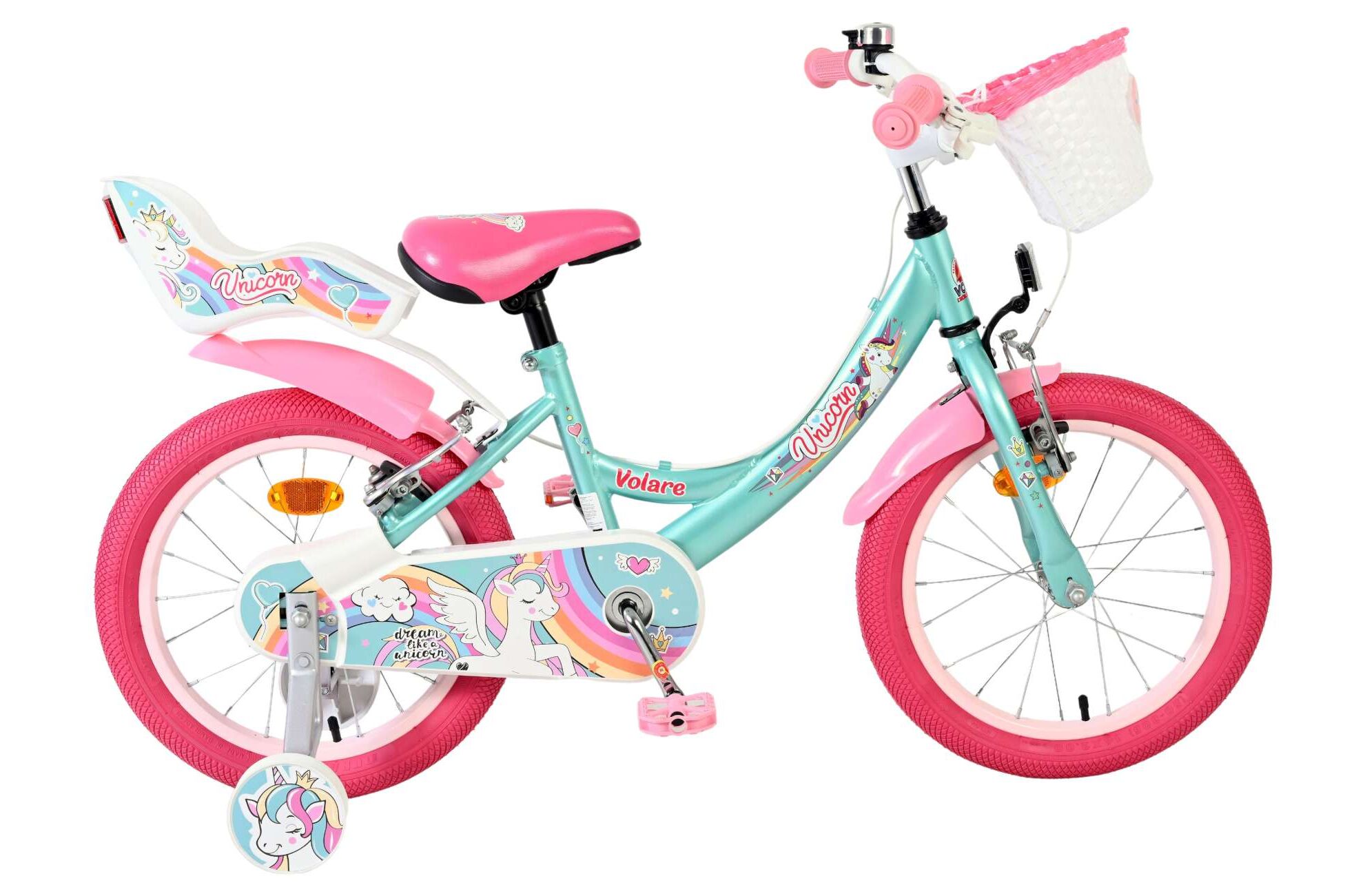Volare Kinderfahrrad Unicorn f&uuml;r M&auml;dchen 16 Zoll Kinderrad in Gr&uuml;n, Zwei Handbremsen - Bild 1
